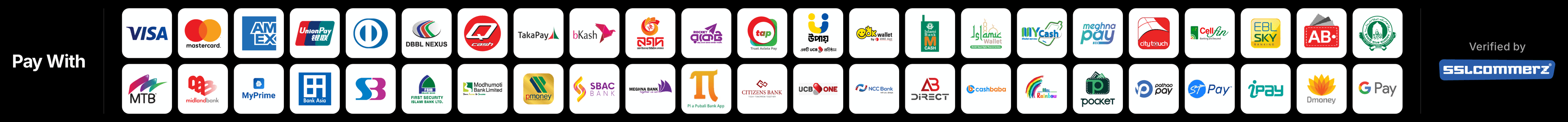Pay securely with bKash, Nagad, Rocket, Visa, Mastercard, American Express and internet banking via SSLCommerz