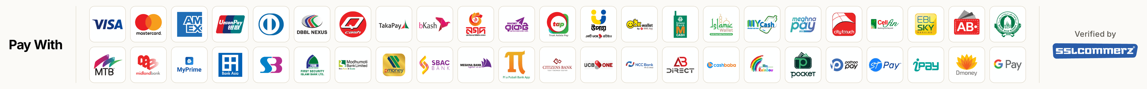 Pay securely with bKash, Nagad, Rocket, Visa, Mastercard, American Express and internet banking via SSLCommerz